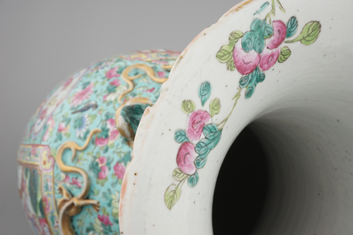 A massive Chinese famille rose vase with figural scenes on a turquoise ground, 19th C.