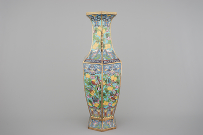 A Chinese hexagonal cloisonne vase with butterflies, 19th C.