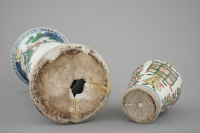 A Chinese wucai porcelain beaker vase and a smaller vase, Chongzhen (1628-1643), Transitional period