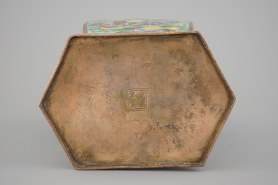 A Chinese hexagonal cloisonne vase with butterflies, 19th C.