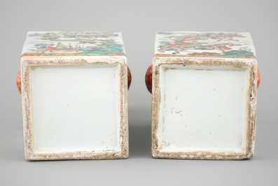 A pair of square Chinese wucai porcelain vases with warriors, 19th C.