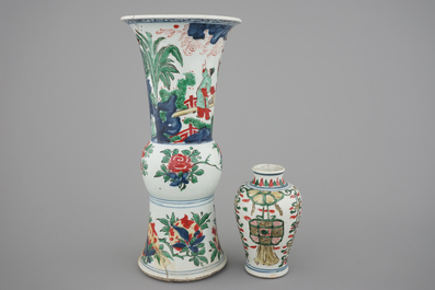 A Chinese wucai porcelain beaker vase and a smaller vase, Chongzhen (1628-1643), Transitional period