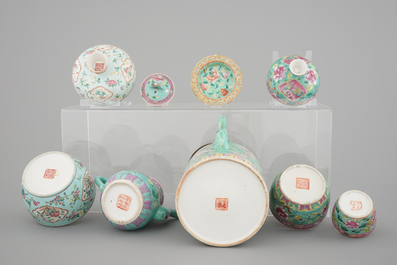 A nice set of Chinese turquoise ground famille rose Peranakan straits porcelain including teapots, 19/20th C.