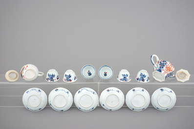 A collection of Chinese imari style cups and saucers with a teapot, and an export porcelain cream jug, 18th C.