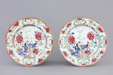 A set of four Chinese famille rose porcelain plates with birds, 18th C.