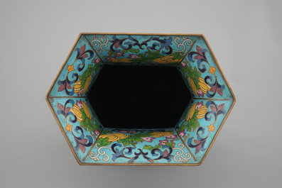 A Chinese hexagonal cloisonne vase with butterflies, 19th C.