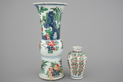 A Chinese wucai porcelain beaker vase and a smaller vase, Chongzhen (1628-1643), Transitional period