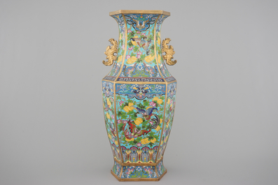 A Chinese hexagonal cloisonne vase with butterflies, 19th C.