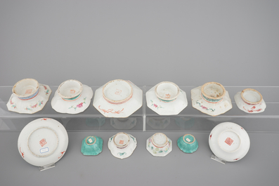 A set of 10 Chinese famille rose porcelain bowls on foot, 2 vases and 2 saucers, 19th C.