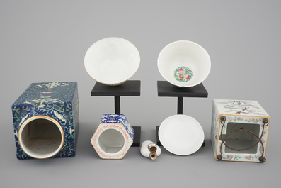 A set of 6 Chinese 19/20th C.porcelain items: a cong vase, a snuff bottle, two bowls and two brush washers