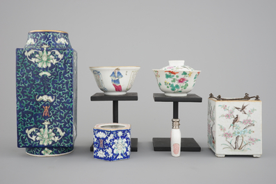 A set of 6 Chinese 19/20th C.porcelain items: a cong vase, a snuff bottle, two bowls and two brush washers
