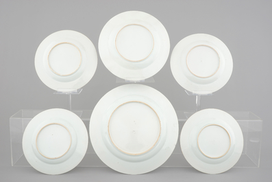 A set of 6 large Chinese famille rose export porcelain plates with phoenix with scroll design, Qianlong, 18th C.