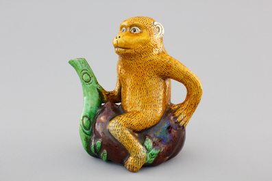 A Chinese famille verte biscuit monkey ewer, Kangxi, ca. 1700