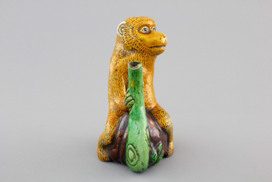 A Chinese famille verte biscuit monkey ewer, Kangxi, ca. 1700