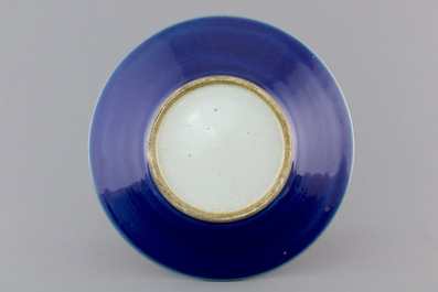 A Chinese porcelain blue monochrome plate, 19th C.