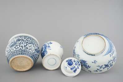Blue and white Chinese porcelain: A large Qianlong punchbowl, a fish bowl and a vase with cover, 19th C.