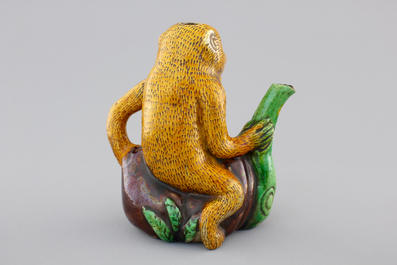 A Chinese famille verte biscuit monkey ewer, Kangxi, ca. 1700