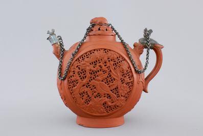 A Chinese silver-mounted open-worked Yixing stoneware teapot, 18th C.
