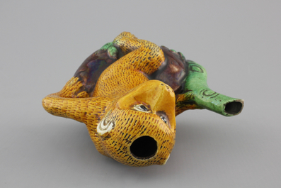 A Chinese famille verte biscuit monkey ewer, Kangxi, ca. 1700
