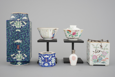 A set of 6 Chinese 19/20th C.porcelain items: a cong vase, a snuff bottle, two bowls and two brush washers