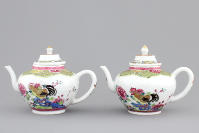 A pair of Chinese porcelain famille rose teapots with cockerels, Yongzheng, 1722-1735