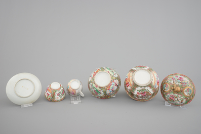 19th C. Chinese Canton famille rose porcelain: a bowl with cover, sixteen cups, four saucers and a bowl