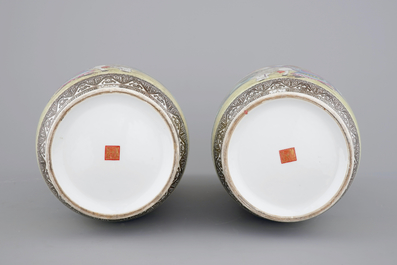 A tall pair of Chinese famille rose vases, Republic, 20th C.