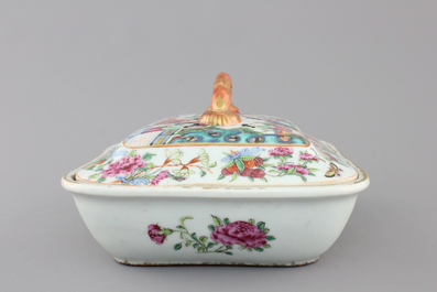 A refined rounded rectangular Canton famille rose tureen and cover, ca. 1860