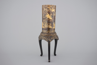 A tall Japanese gold-lacquered tortoise shell brush pot on tripod stand, Meiji, ca. 1880