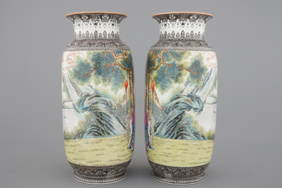 A tall pair of Chinese famille rose vases, Republic, 20th C.