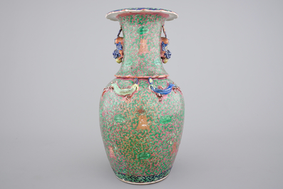 A pair of Canton famille verte vases and a pink ground Canton vase, 19th C.