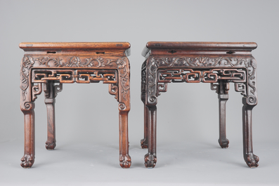 Two Chinese carved hongmu wood marble top vase stands, 19th C.