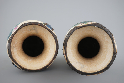 A pair of Chinese Nanking famille rose vases with warrior scenes, 19th C.