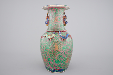 A pair of Canton famille verte vases and a pink ground Canton vase, 19th C.