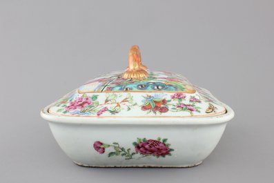 A refined rounded rectangular Canton famille rose tureen and cover, ca. 1860