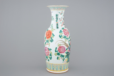A tall Chinese famille rose vase with birds, 19th C.