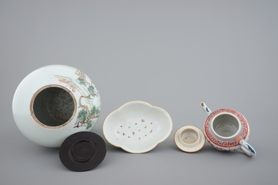 Two Chinese plates, an Imari teapot, 18th C., with a bowl and a ginger jar, 19th C.