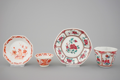 A large collection of Chinese famille rose, iron red and imari cups and saucers, 18th C.