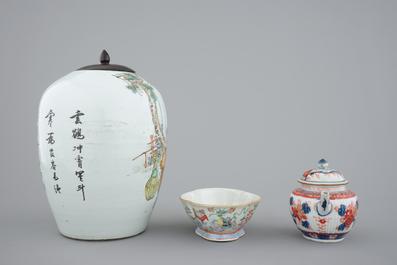 Two Chinese plates, an Imari teapot, 18th C., with a bowl and a ginger jar, 19th C.