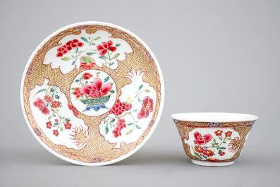 Two Chinese famille rose and gilt porcelain cups and saucers, Yongzheng, 1722-1735