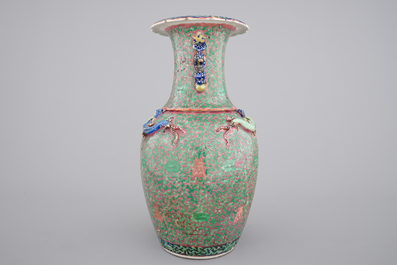 A pair of Canton famille verte vases and a pink ground Canton vase, 19th C.
