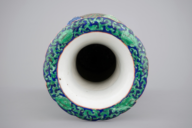 A pair of Canton famille verte vases and a pink ground Canton vase, 19th C.
