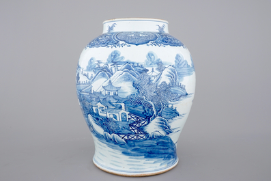 A tall blue and white Chinese porcelain landscape vase, early 18th C.