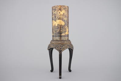 A tall Japanese gold-lacquered tortoise shell brush pot on tripod stand, Meiji, ca. 1880