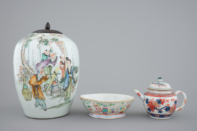 Two Chinese plates, an Imari teapot, 18th C., with a bowl and a ginger jar, 19th C.