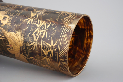 A tall Japanese gold-lacquered tortoise shell brush pot on tripod stand, Meiji, ca. 1880