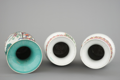A Chinese famille rose vase with silk production scene, 19th C. and a pair of 20th C. Mulan vases