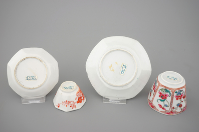 A large collection of Chinese famille rose, iron red and imari cups and saucers, 18th C.