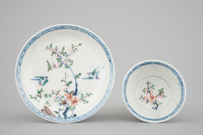 A set of six Chinese famille verte cups and five saucers, Kangxi, 18th C.