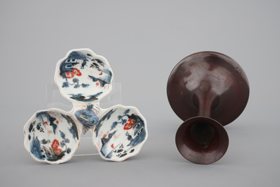 A fine Japanese bronze vase, 19th C. and an Imari spice box with dolphin finial, 17/18th C.